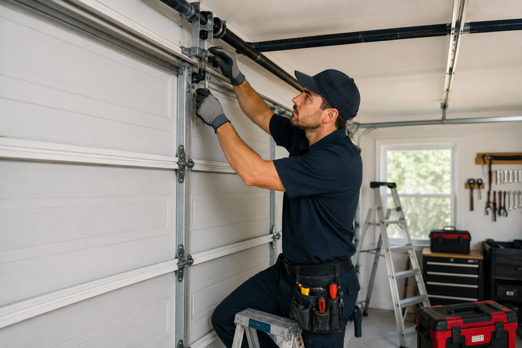 Professional garage door repair tech inspecting and repairing a residential garage door torsion spring and track system with specialized tools to restore safe and reliable door operation.