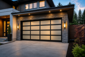 Modern garage door installed on a contemporary home with clean architectural lines, frosted glass panels, stone accents, and a spacious concrete driveway, showcasing a stylish and durable modern garage door design that enhances curb appeal.