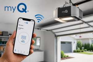 Hand holding a smartphone displaying the MyQ app connected to a Wi-Fi-enabled garage door opener, illustrating MyQ connectivity for remote garage door monitoring and control.