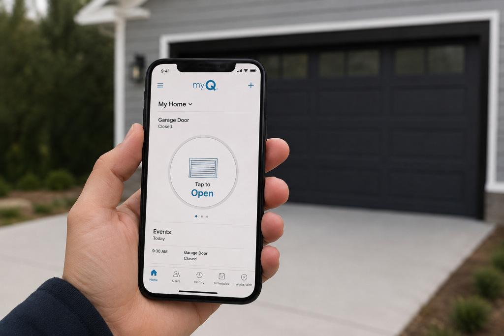 Person holding a smartphone displaying the MyQ garage door opener app in front of a residential garage, illustrating how homeowners can monitor and control their garage door remotely.