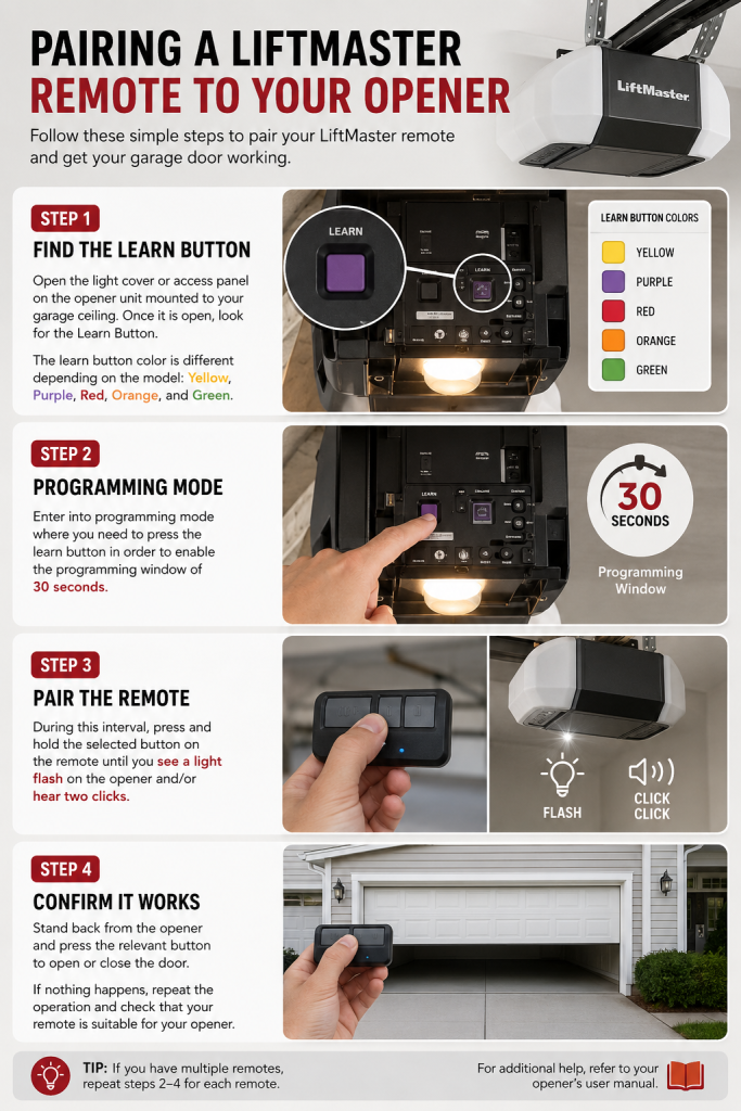 LiftMaster Garage Door Opener Remote: Programming Guide & Common Fixes 2 Infographic showing how to pair a LiftMaster remote to your opener, including locating the Learn button, entering programming mode, syncing the remote within the 30-second window, and testing the garage door opener for successful operation.