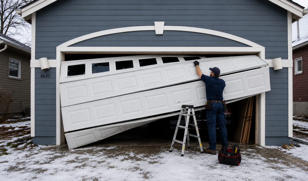 Expert on residential garage door repair carefully realigning an off-track residential garage door to restore safe, reliable operation at a homeowner's property.