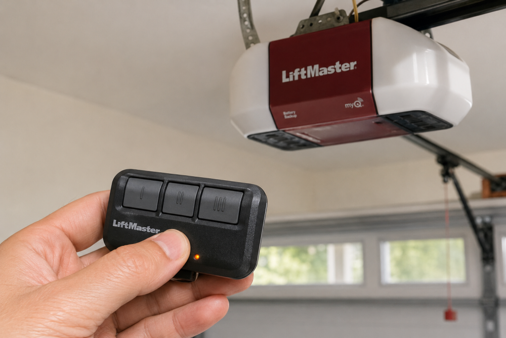LiftMaster Garage Door Opener Remote: Programming Guide & Common Fixes 1 Hand holding a garage door remote aimed at a ceiling-mounted garage door opener, illustrating the process of remote connecting with the opener for secure pairing and reliable garage door operation.