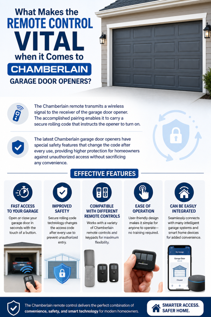 Infographic explaining what makes the remote control vital when it comes to Chamberlain garage door openers, featuring a modern garage door, secure rolling code technology, fast garage access, improved safety, compatibility with multiple remotes, ease of operation, and smart home integration.