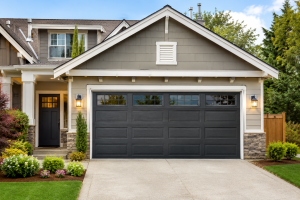 Modern residential house with a stylish black garage door, showcasing a well-maintained home exterior that highlights curb appeal, secure garage access, and residential garage door design.