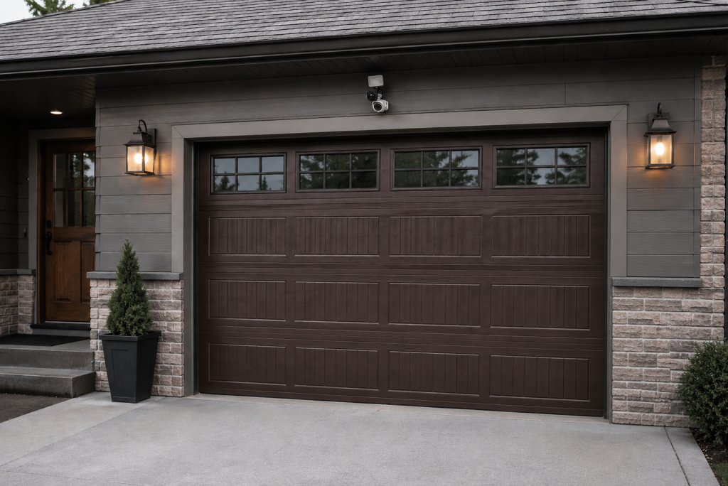 Modern secured garage door on a well-maintained home featuring exterior security lighting and a surveillance camera, illustrating effective garage door security for improved home protection.
