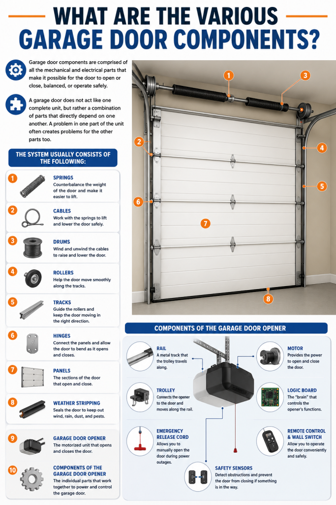 Infographic illustrating the various garage door components, including springs, cables, drums, rollers, tracks, hinges, panels, weather stripping, the garage door opener, and opener components, showing how each part works together to ensure safe, balanced, and reliable garage door operation.
