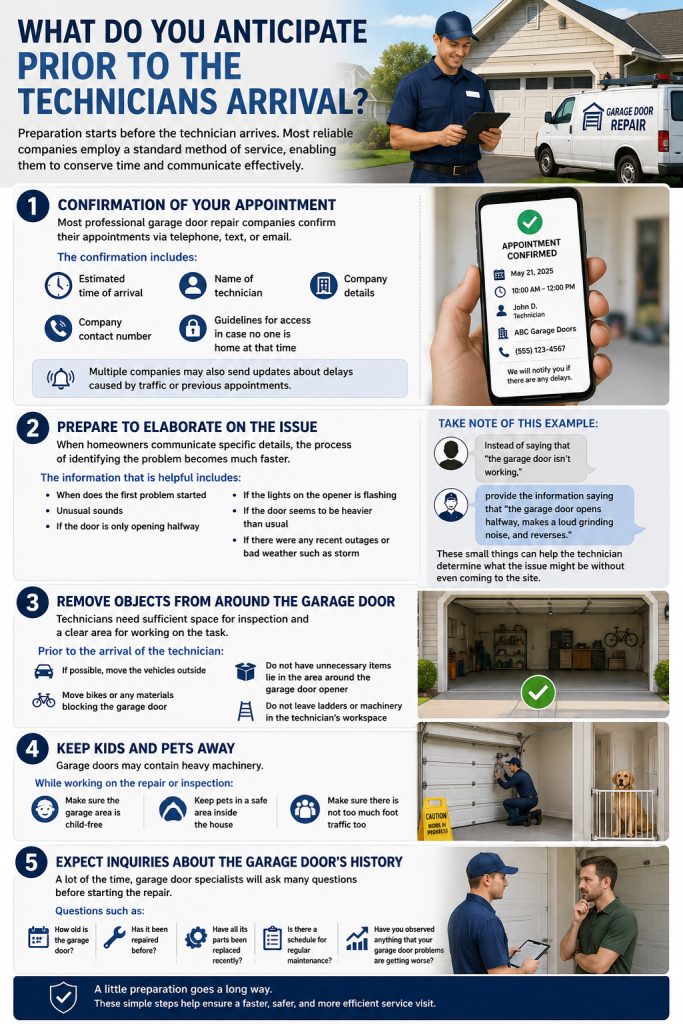 Infographic explaining what to anticipate prior to the technician's arrival, including appointment confirmation, describing the garage door issue, clearing the workspace, keeping kids and pets safe, and preparing garage door history for a smoother garage door repair service.