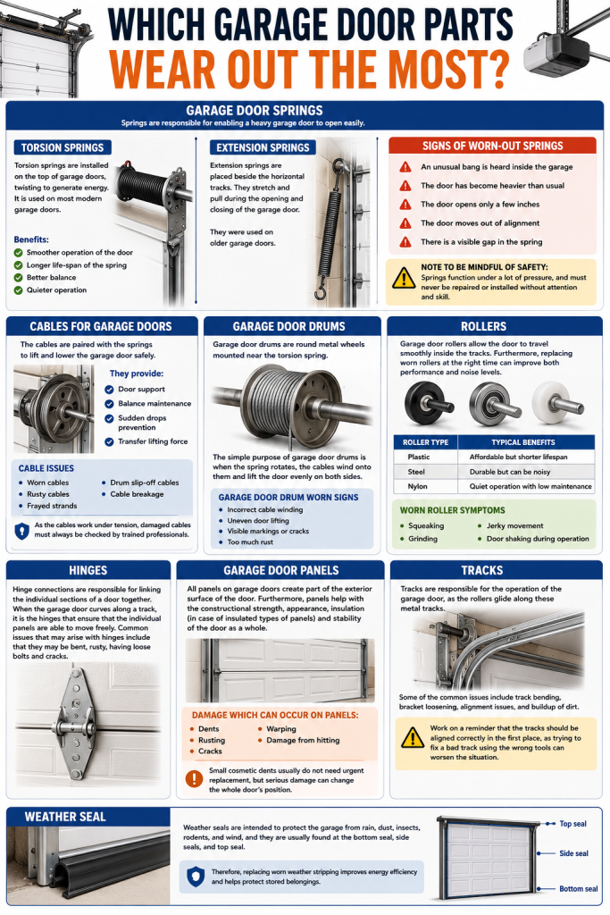 Infographic showing which garage door parts wear out the most, including torsion and extension springs, cables, drums, rollers, hinges, panels, tracks, and weather seals, with common wear signs, maintenance tips, and safety reminders to help homeowners understand garage door repair needs.