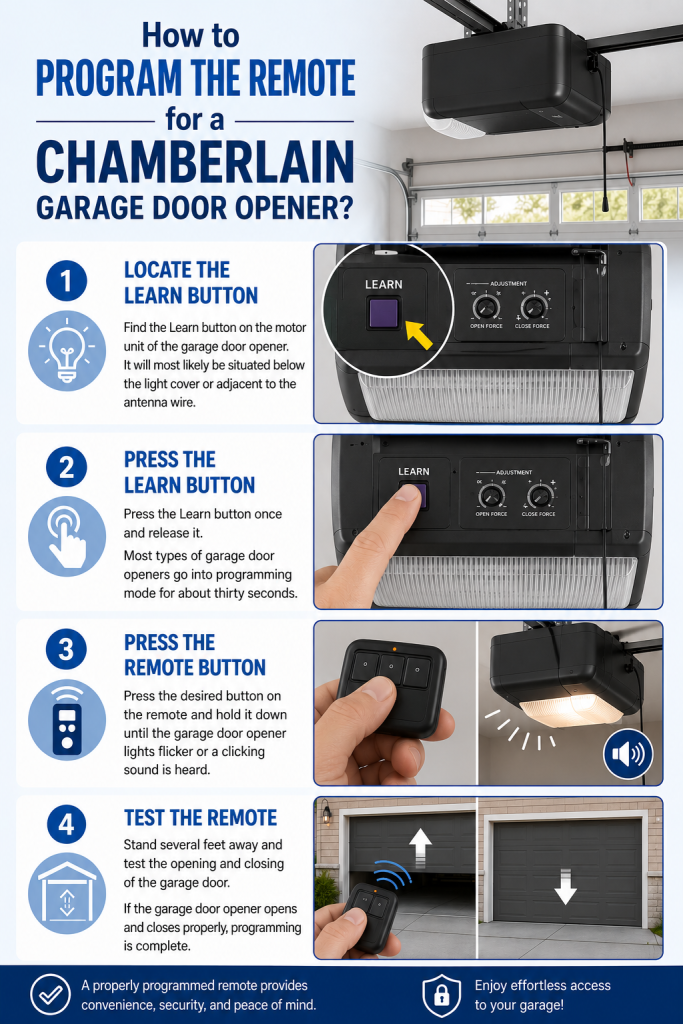 Step-by-step infographic showing how to program the remote for a Chamberlain garage door opener by locating the Learn button, entering programming mode, syncing the remote, and testing the garage door for proper operation.