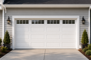White garage door with decorative window panels on a suburban home, showcasing a clean and classic exterior design suitable for residential garage door replacement or installation.