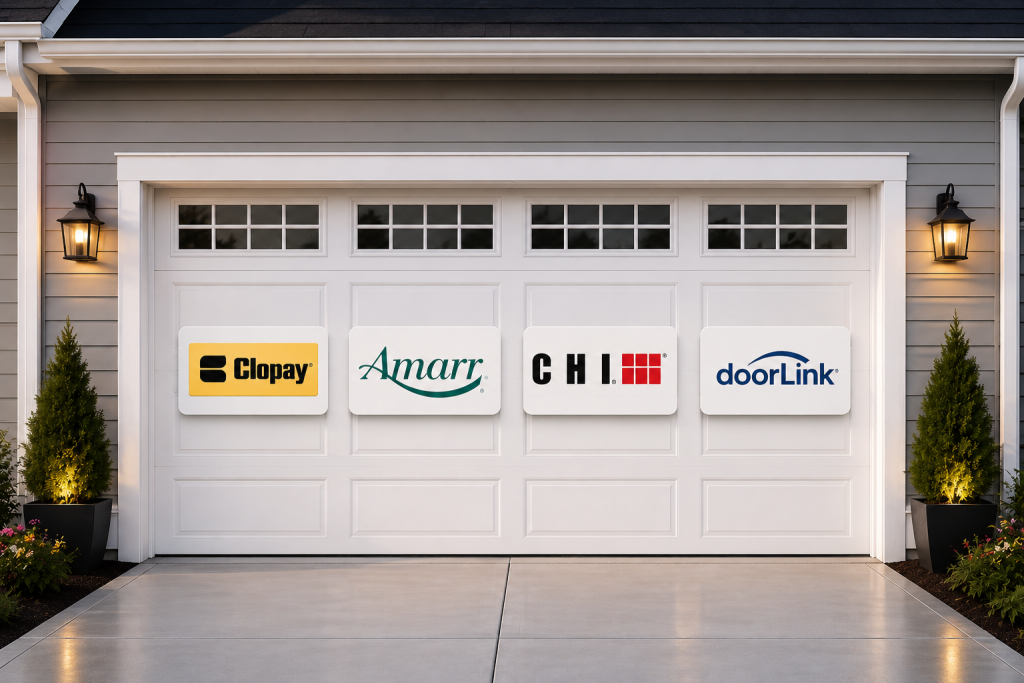 Garage Door Manufacturers: Who Makes the Doors Orange County Homeowners Trust? 1 Garage door manufacturers Clopay, Amarr, C.H.I., and doorLink logos displayed on a residential garage door in Orange County.