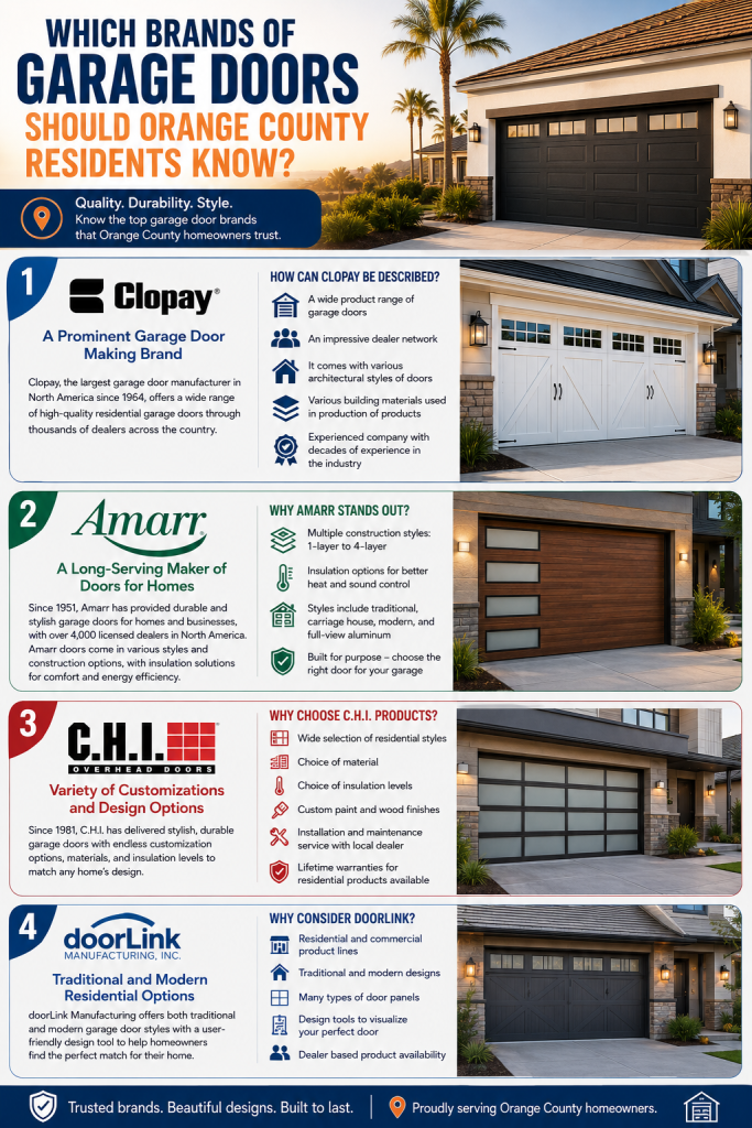 Garage Door Manufacturers: Who Makes the Doors Orange County Homeowners Trust? 2 Infographic highlighting four garage door brands Orange County residents should know—Clopay, Amarr, C.H.I. Overhead Doors, and doorLink Manufacturing—with their residential styles, materials, insulation, customization, and design options.