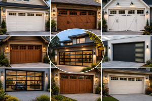 Various garage door styles, including traditional raised-panel, carriage house, modern, barn-style, wood, and full-view glass doors showcased on residential homes.