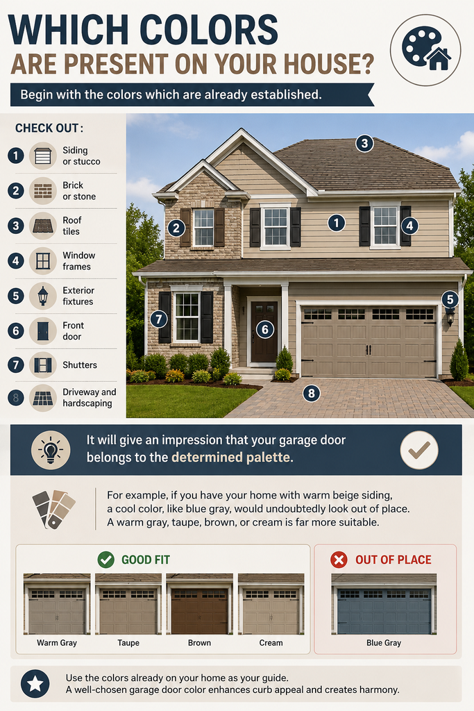 Warm beige house exterior with garage door color examples showing how siding, brick, roof tiles, window frames, shutters, front door, fixtures, and hardscaping influence a cohesive home color palette.