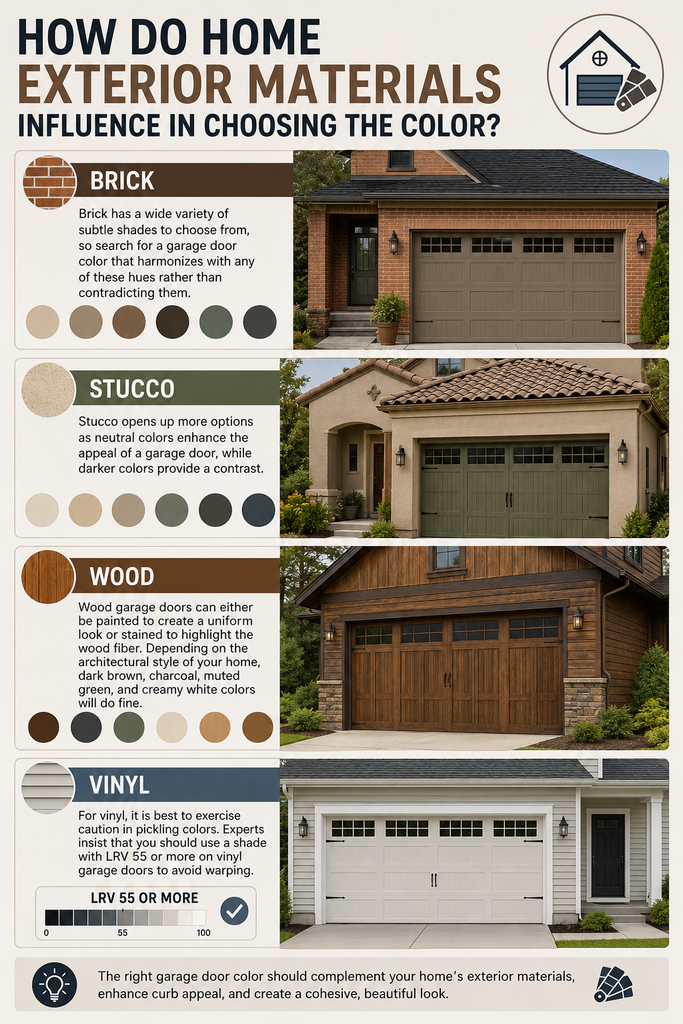 Home exterior materials including brick, stucco, wood, and vinyl shown with suitable garage door color options, illustrating how materials influence garage door color selection.