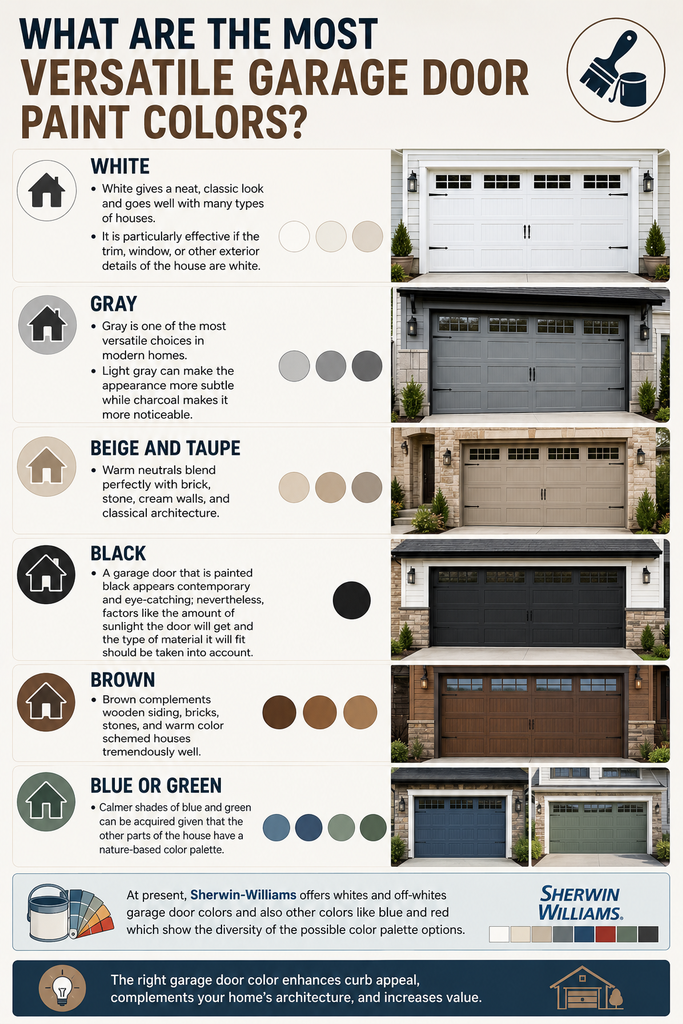 Infographic showing versatile garage door paint colors, including white, gray, beige, taupe, black, brown, blue, and green, with examples of how each color complements different home exteriors.