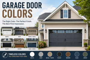 Modern suburban home featuring a charcoal garage door, with examples of white, gray, beige, black, brown, blue, and green garage door colors to illustrate versatile color options for different home exteriors.