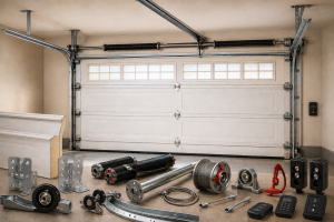 Garage door components displayed in a residential garage, including sectional door panels, tracks, rollers, hinges, torsion springs, cables, cable drums, brackets, bearings, safety sensors, and opener hardware.