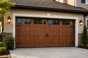 Faux wood garage door with realistic wood grain, carriage-house style panels, decorative hardware, and divided-light windows on a craftsman-style home.
