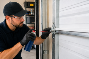 Professional garage door technician spraying lubricant onto a garage door hinge to reduce friction and maintain smooth, quiet operation during routine garage door maintenance.