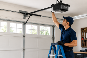 Garage door technician performing preventive maintenance and inspecting the garage door opener and hardware during a garage door tune-up.