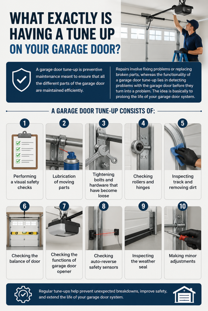 Garage door tune-up infographic showing preventive maintenance tasks including safety checks, lubrication, hardware tightening, roller and hinge inspection, track cleaning, door balance testing, opener and safety sensor checks, weather seal inspection, and minor adjustments.