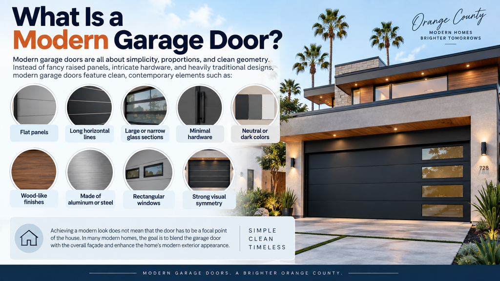 Modern garage door featuring flat panels, horizontal lines, glass sections, minimal hardware, neutral colors, and a clean symmetrical design that blends with a contemporary home exterior.