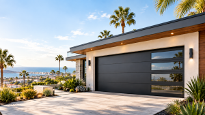 Modern garage door in Orange County featuring a sleek dark finish, horizontal panels, narrow windows, and contemporary architecture with palm trees and coastal landscaping.