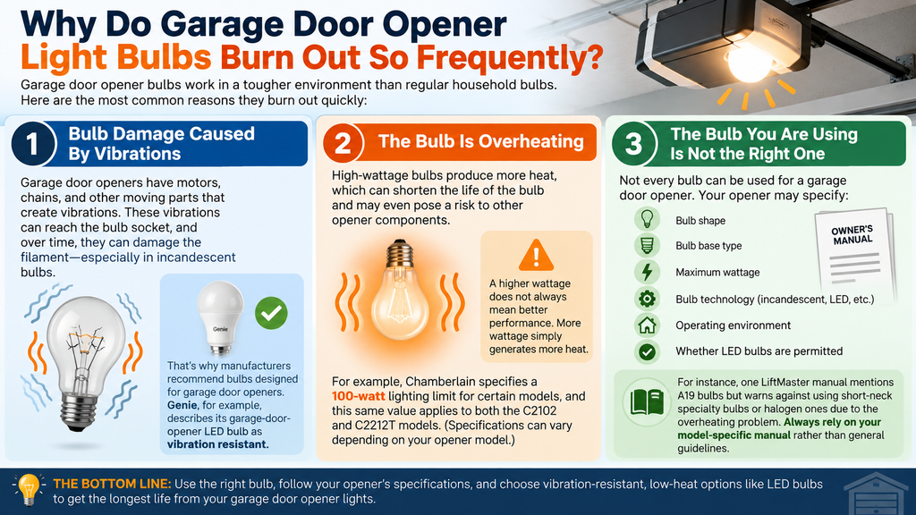 Infographic explaining why garage door opener light bulbs burn out frequently due to vibrations, overheating, and using the wrong bulb, with tips for choosing the right replacement.