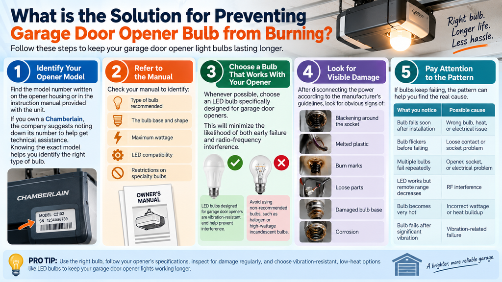 Infographic showing five steps to prevent garage door opener bulbs from burning out, including identifying the opener model, checking the manual, choosing a compatible LED bulb, inspecting for damage, and recognizing failure patterns.
