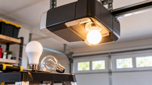 Modern garage door opener light bulb glowing beneath a ceiling-mounted opener, with LED and incandescent bulbs on a nearby workbench in a residential garage.