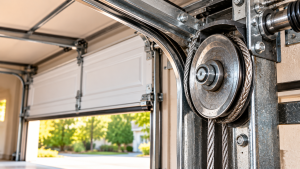 Close-up of a garage door pulley with a steel cable, mounting bracket, and track, showing how the pulley supports smooth garage door operation.