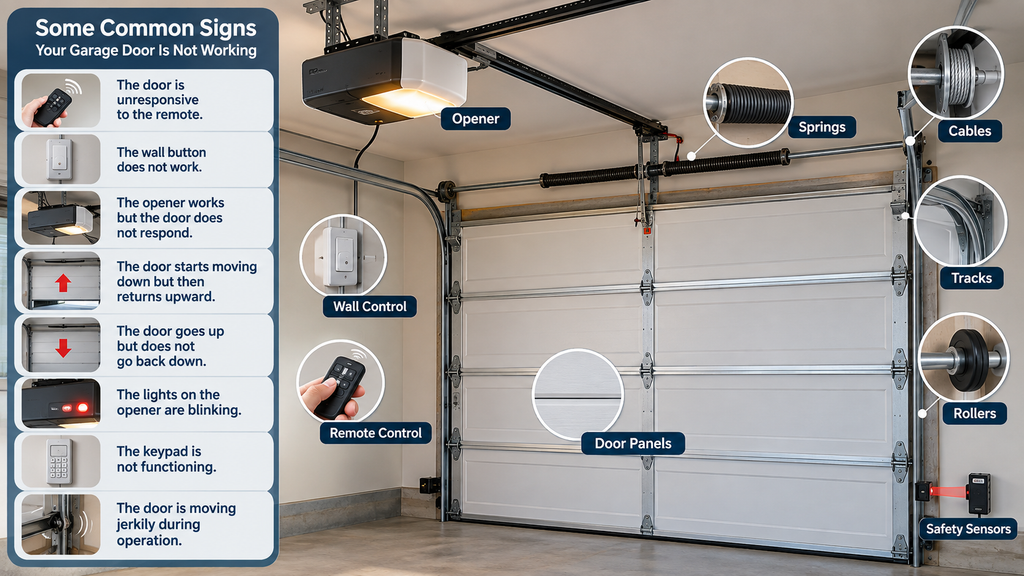 Garage door system infographic showing common signs of a malfunctioning garage door, including unresponsive controls, reversing movement, blinking opener lights, keypad failure, and jerky operation.