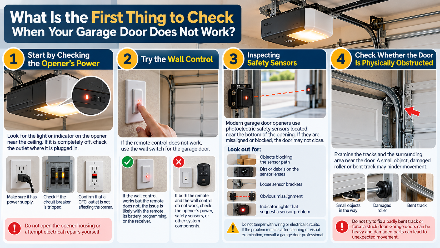 Infographic showing the first steps to check when a garage door does not work, including opener power, wall control, safety sensors, and physical obstructions.