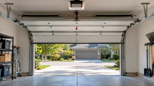 Interior view of a garage door showing the sectional door panels, tracks, torsion spring, opener, and other garage door hardware from inside a clean residential garage.