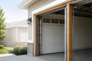 Garage door frame with wood side jambs, header, metal tracks, and a sectional garage door on a residential home.