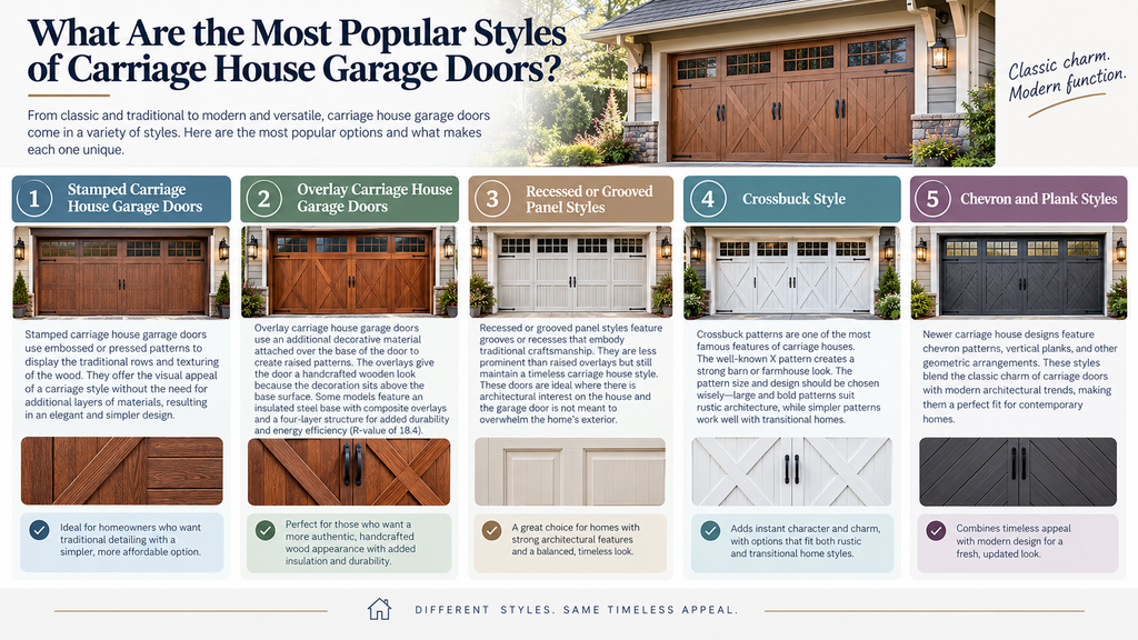 Carriage House Garage Doors: Timeless Charm for Modern Homes 2 Infographic showing five popular styles of carriage house garage doors, including stamped, overlay, recessed or grooved panels, crossbuck, and chevron or plank designs.