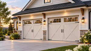 Carriage house garage doors with white plank panels, crossbuck detailing, black hardware, and decorative windows on a modern farmhouse-style home.