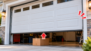 White garage door that won’t close completely, with a cardboard box obstructing the opening of a residential garage, illustrating a common cause of garage door closing problems.