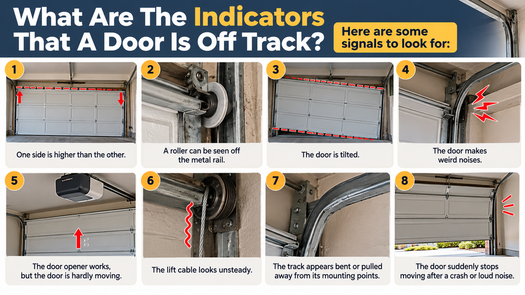Garage Door Off Track: Why You Should Stop Using It 1 A residential garage door hangs unevenly with a roller misaligned from the track, showing clear indicators that a garage door is off track.