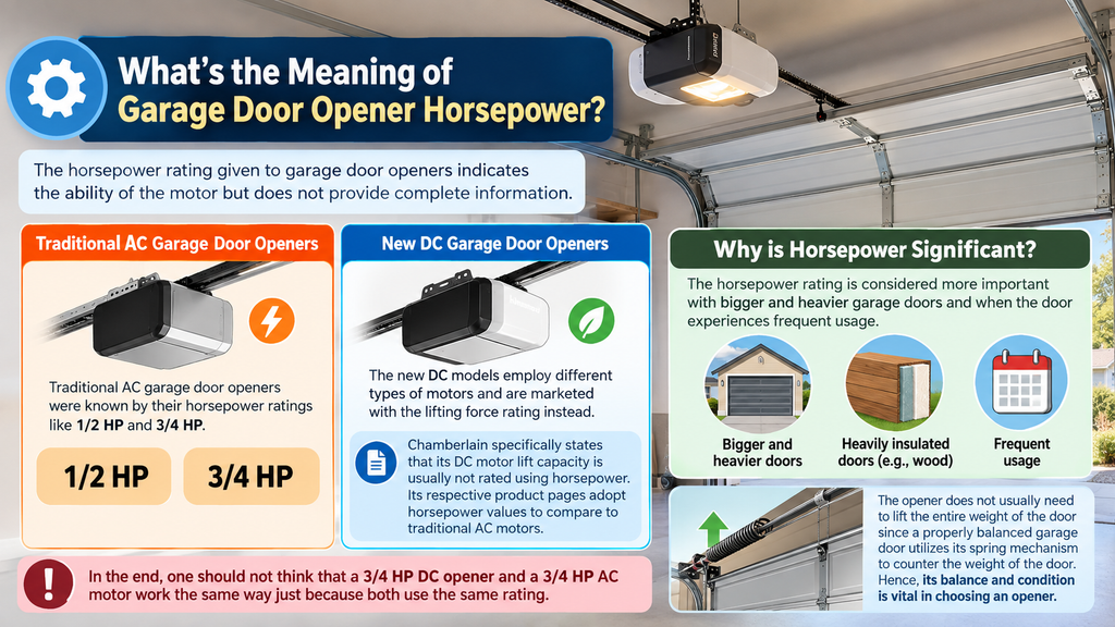 1/2 Horsepower Garage Door Opener vs 3/4 HP vs 1 HP 1 Interior view of a garage door opener mounted above a sectional garage door, illustrating the motor and lifting mechanism used to operate the door and understand garage door opener horsepower.