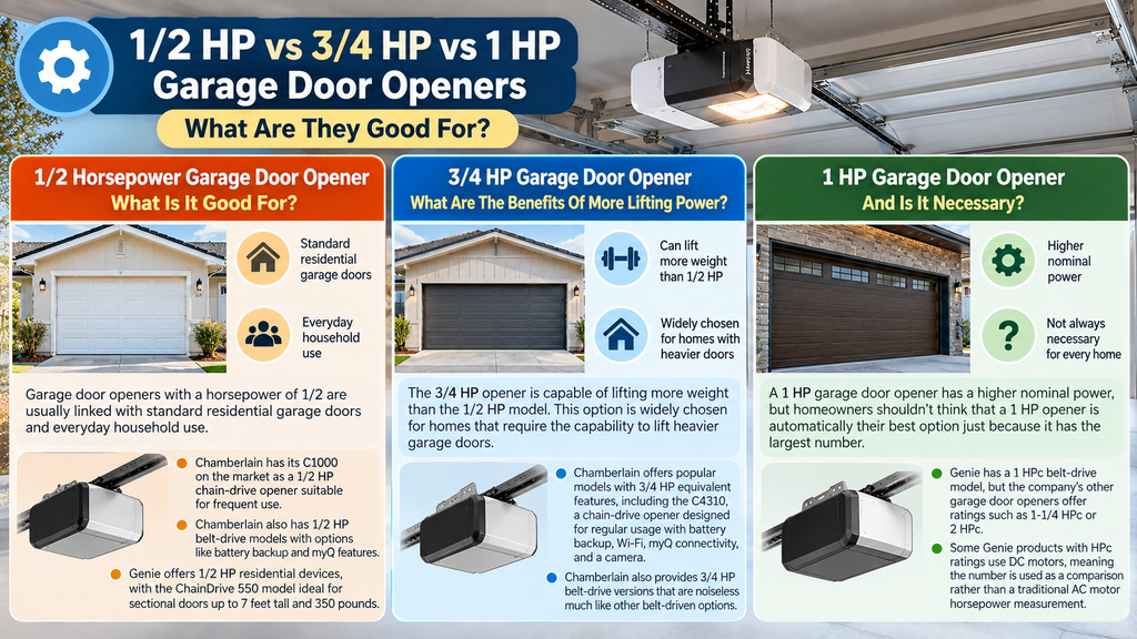 1/2 Horsepower Garage Door Opener vs 3/4 HP vs 1 HP 2 Garage door opener inside a residential garage illustrating the differences in lifting capacity between 1/2 HP, 3/4 HP, and 1 HP garage door openers.