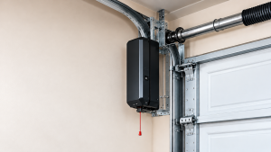 LiftMaster side mount garage door opener mounted beside a sectional garage door, showing the wall-mounted motor, torsion shaft, metal brackets, and space-saving installation design.