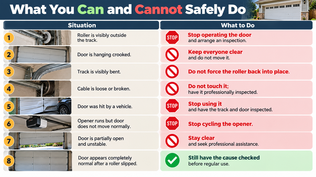Garage Door Off Track: Why You Should Stop Using It 2 Safety infographic showing what you can and cannot safely do when dealing with a garage door off track, including situations involving misaligned rollers, bent tracks, loose cables, and an unstable door.