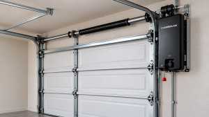 Chamberlain side mount garage door opener installed on the wall beside a white sectional garage door, showing the torsion spring, shaft, mounting brackets, and drive unit.