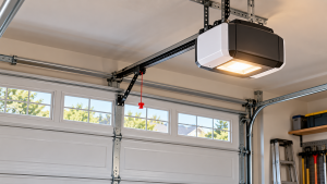 Ceiling-mounted garage door opener inside a residential garage, showing the motor, rail, and hardware used to operate the garage door.