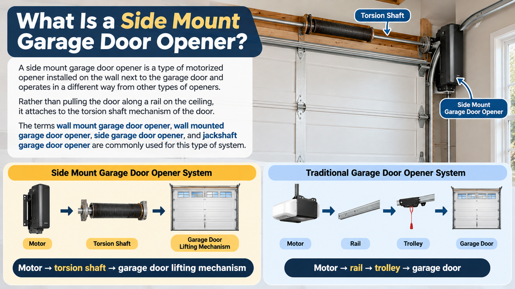 White sectional garage door with a side mount garage door opener installed on the wall beside the door and connected to the torsion shaft.