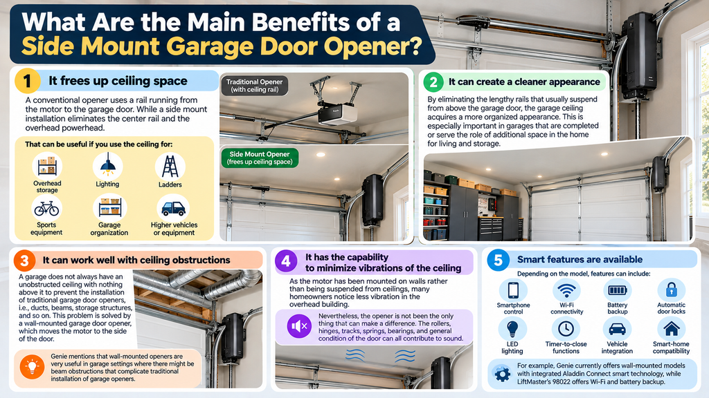 Infographic showing the main benefits of a side mount garage door opener, including freed ceiling space, a cleaner garage appearance, compatibility with ceiling obstructions, reduced overhead vibration, and smart features.